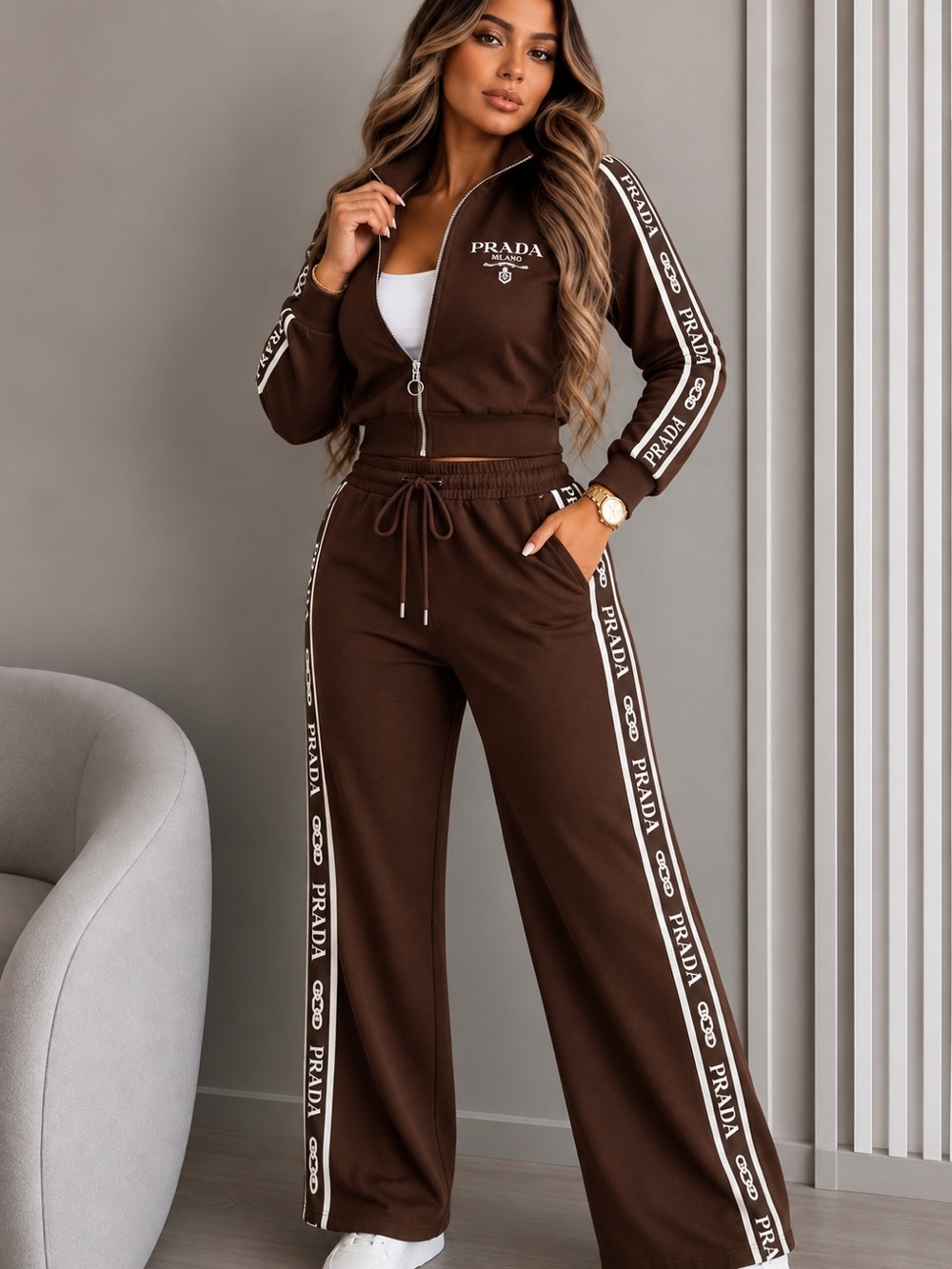 Brown Wide-Leg Track Pants with Matching Zip Jacket size S